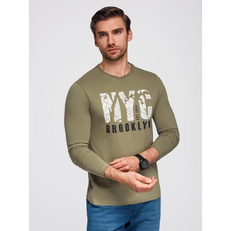 Pánské tričko s dlouhým rukávem s městským potiskem – olivově zelené V1 OM-LSPT-0131