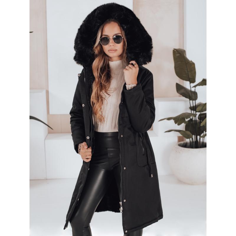 Dámska zimná bunda s kožušinkou, čierna