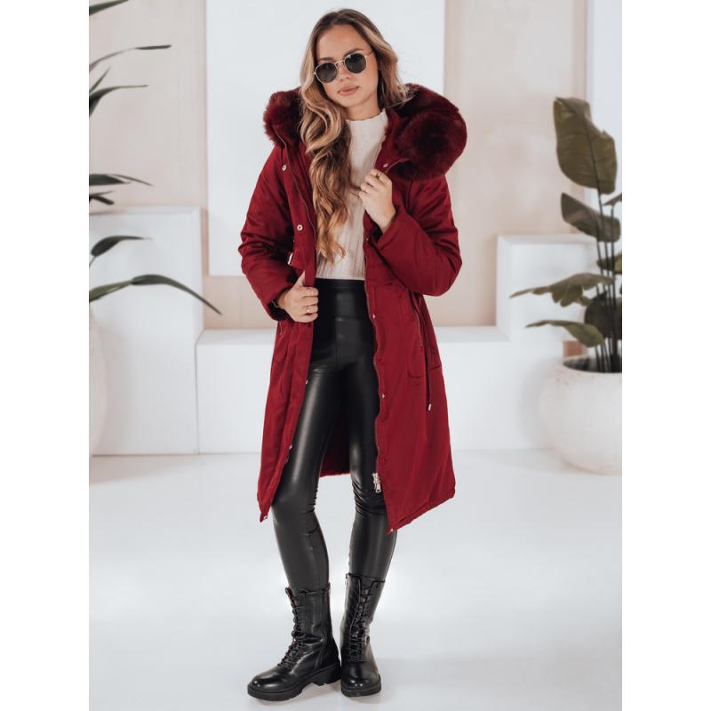 Dámska zimná bunda s kožušinkou, bordová