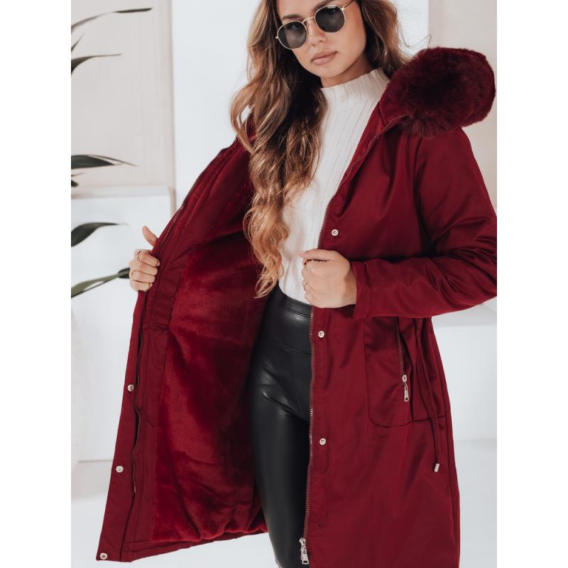 Dámska zimná bunda s kožušinkou, bordová