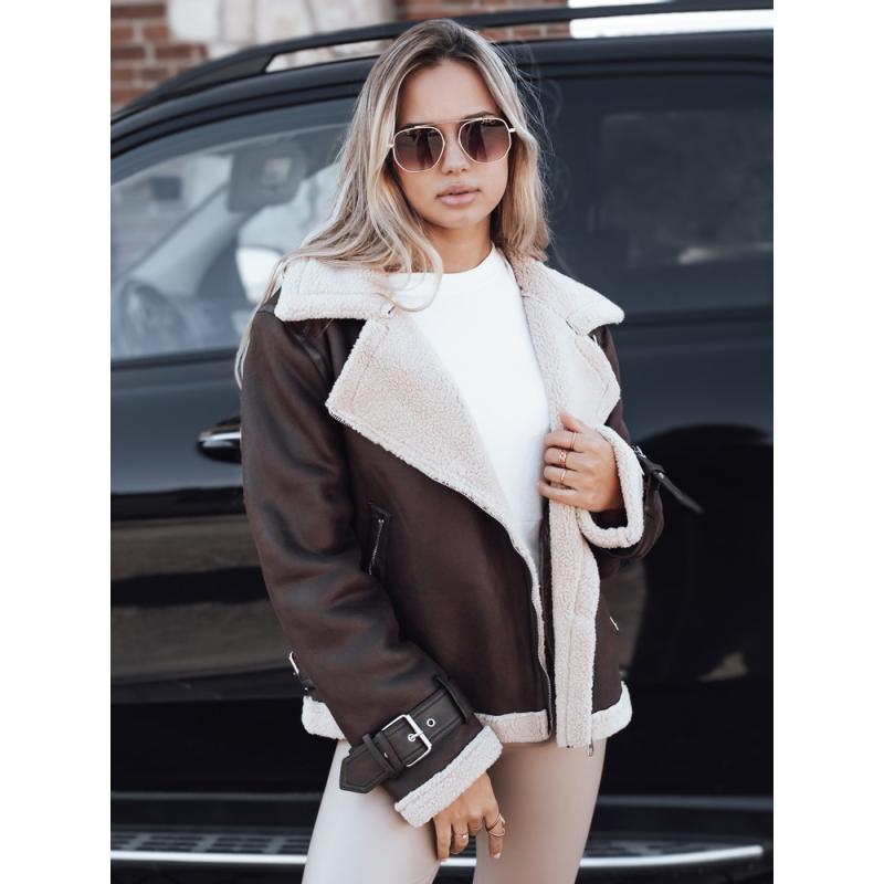 Dámská bunda ramoneska s kožešinou hnědá