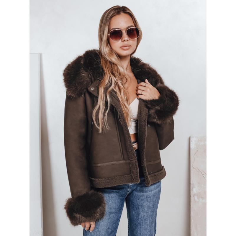Dámska bunda z umelej kože s kožušinou, béžová