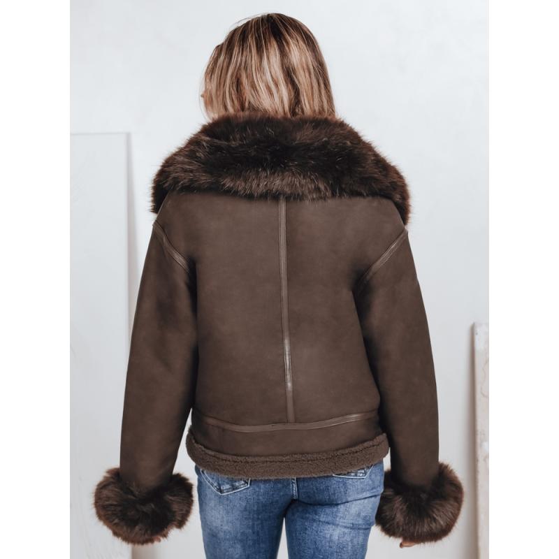 Dámska bunda z umelej kože s kožušinou, béžová