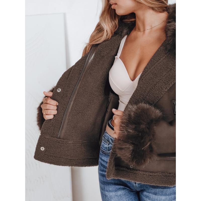 Dámska bunda z umelej kože s kožušinou, béžová