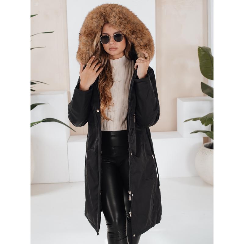 Női téli parka szőrme szegéllyel, fekete