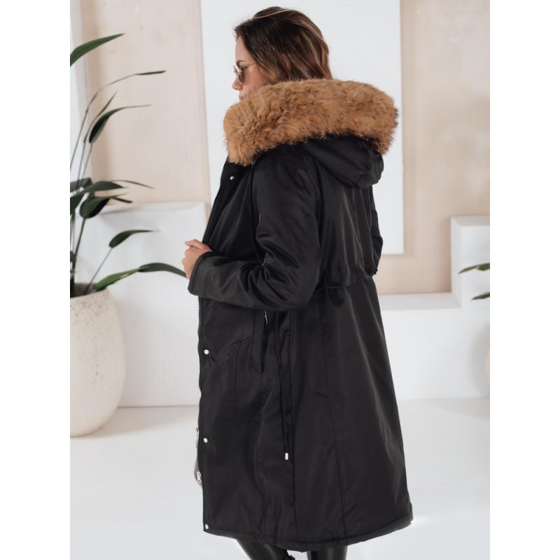 Női téli parka szőrme szegéllyel, fekete