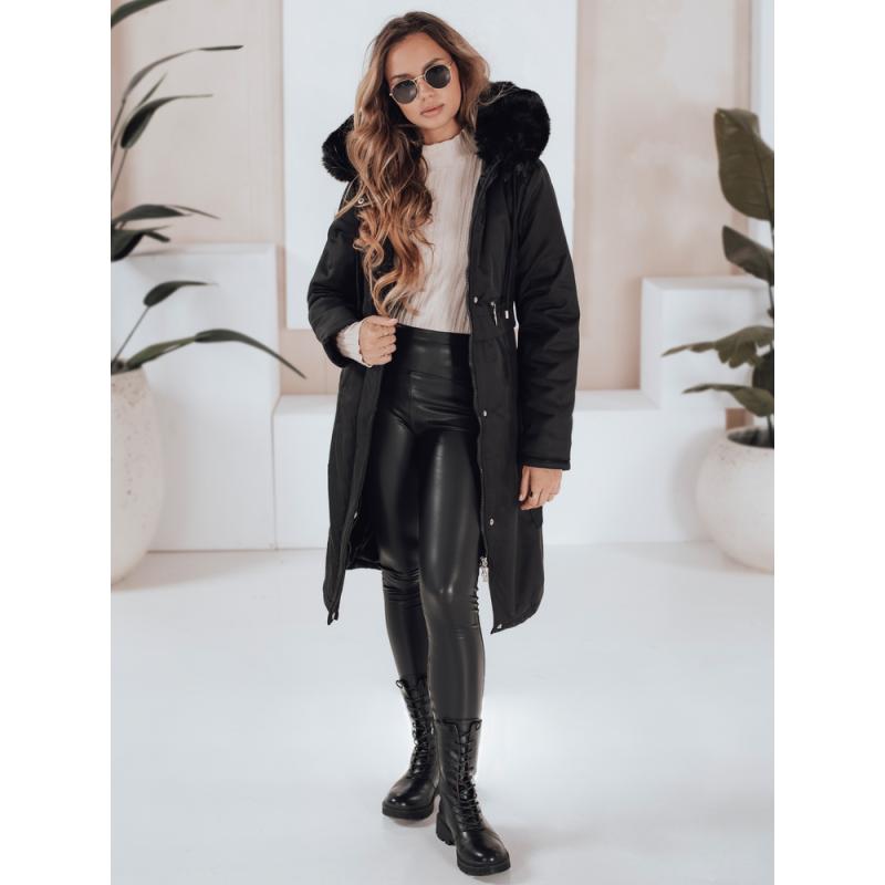 Női téli parka szőrme szegéllyel, fekete