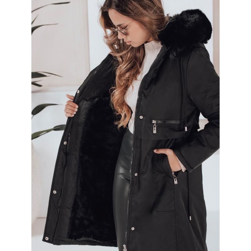 Női téli parka szőrme szegéllyel, fekete