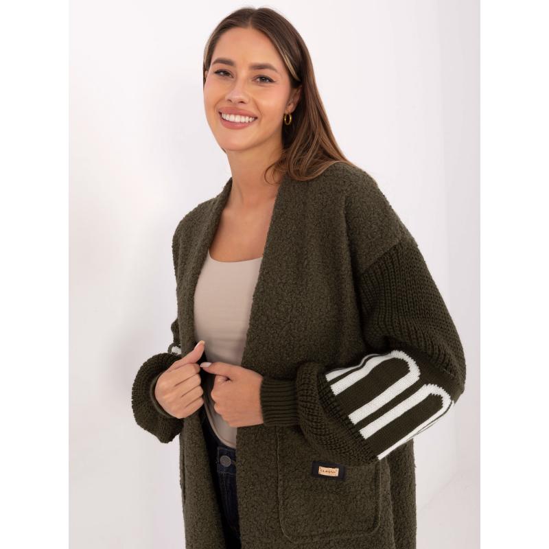Khaki dámský bouclé kardigan s kapsami