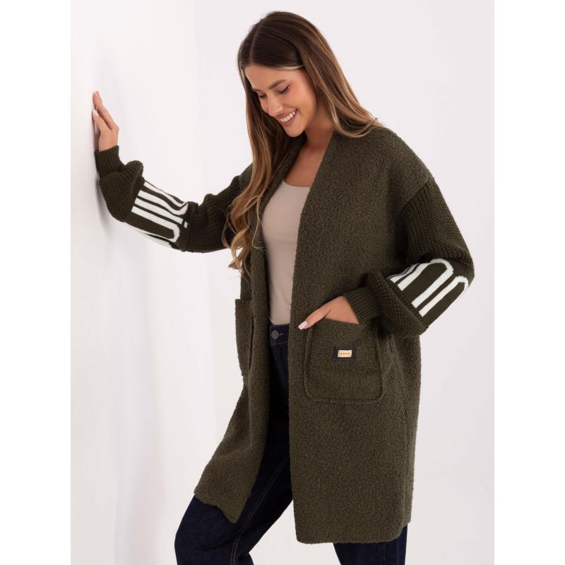 Khaki dámský bouclé kardigan s kapsami