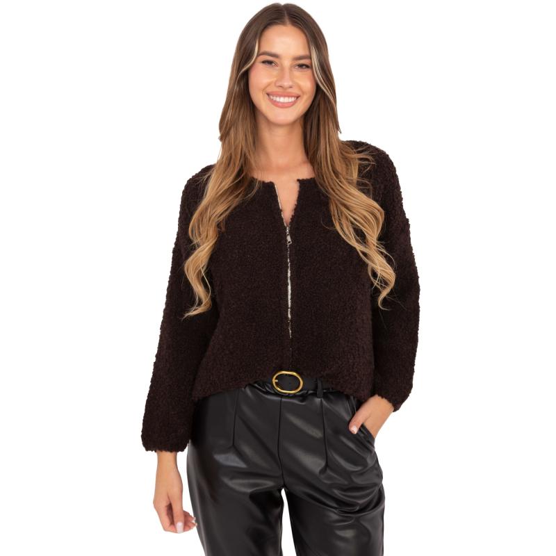 Čokoládový bouclé svetr se zipem RUE PARIS