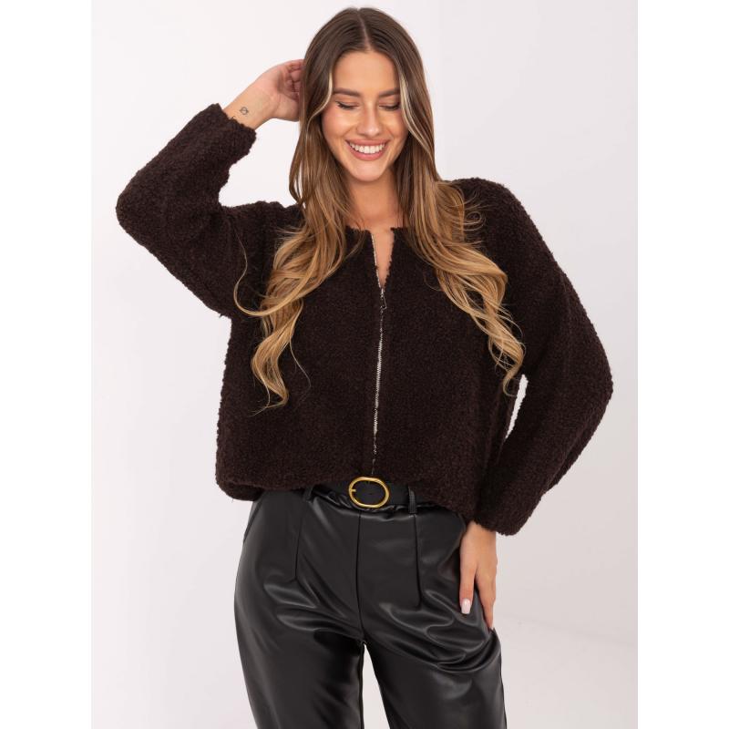 Čokoládový bouclé svetr se zipem RUE PARIS