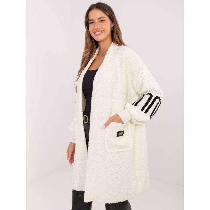 Ecru női bouclé kardigán zsebekkel