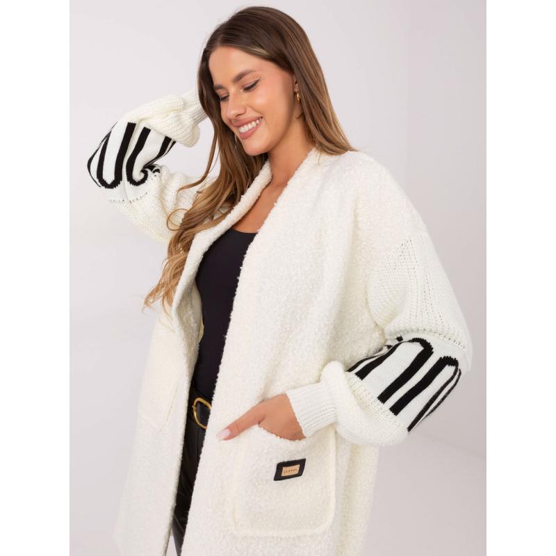 Ecru női bouclé kardigán zsebekkel