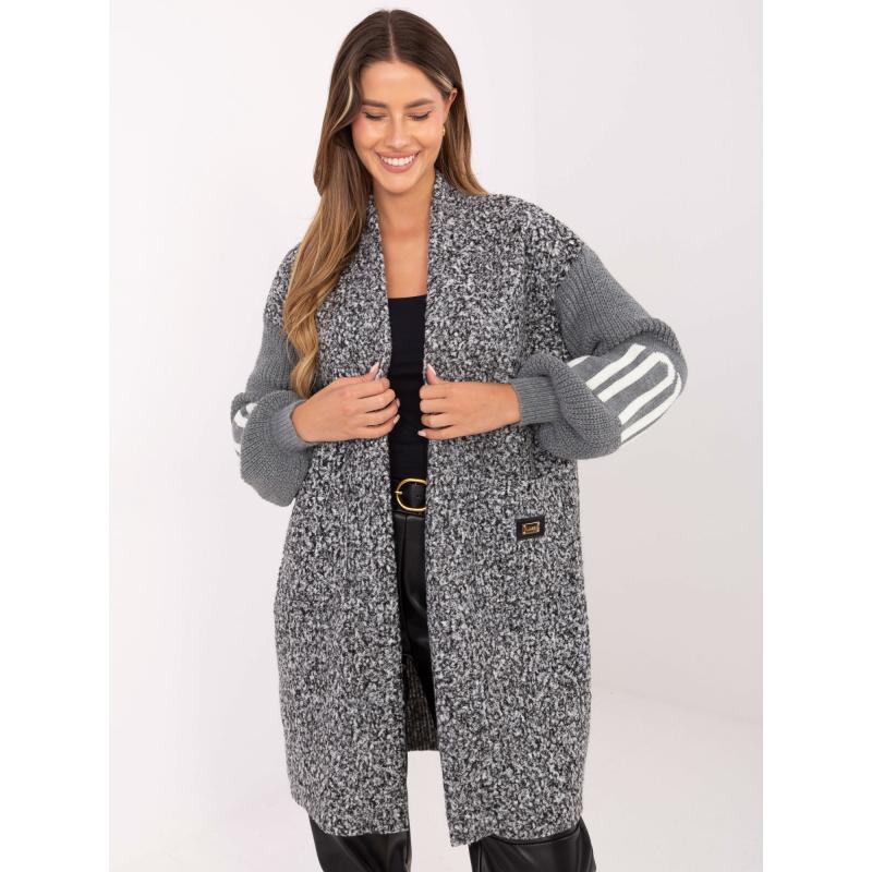 Šedý dámský kardigan s pletenými rukávy.