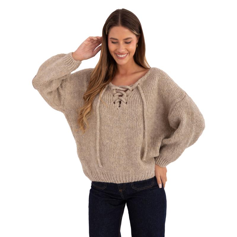 Béžový dámsky sveter s korzetovým zapínaním