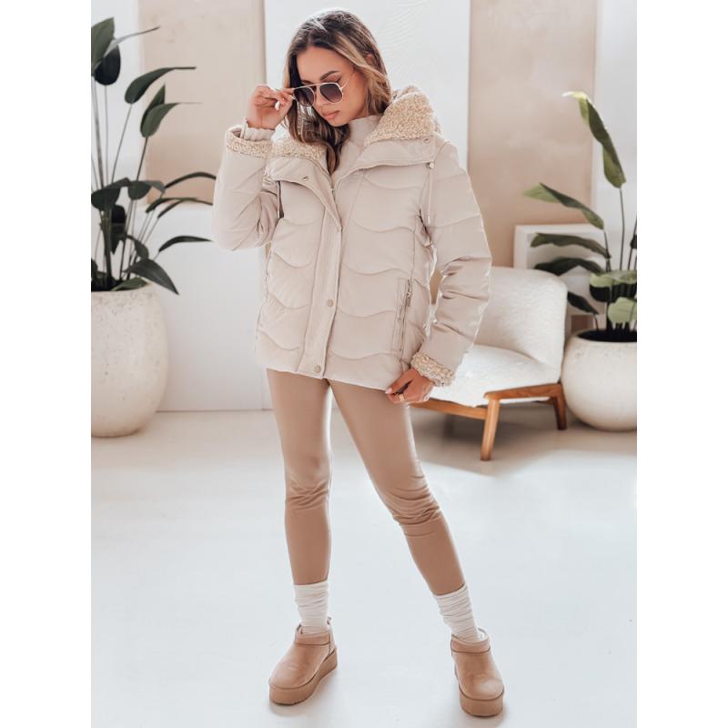 Női steppelt téli kabát WARMMISS kapucnival, világos bézs