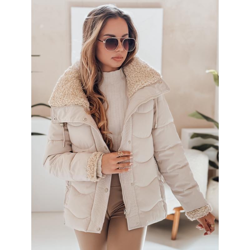 Női steppelt téli kabát WARMMISS kapucnival, világos bézs
