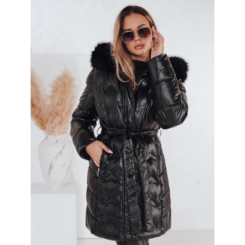 Női steppelt téli kabát CASSERIE kapucnival, fekete
