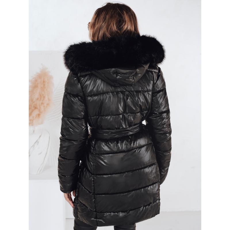 Női steppelt téli kabát CASSERIE kapucnival, fekete