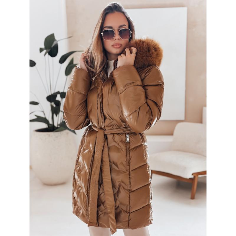 Női steppelt téli kabát CASSERIE kapucnival, kávé