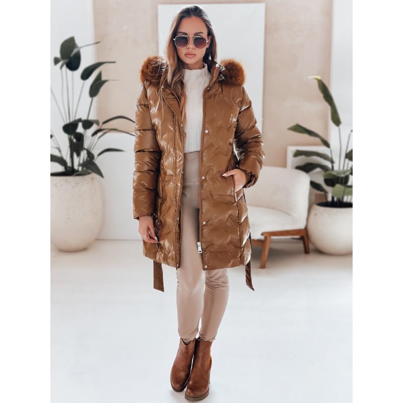 Női steppelt téli kabát CASSERIE kapucnival, kávé