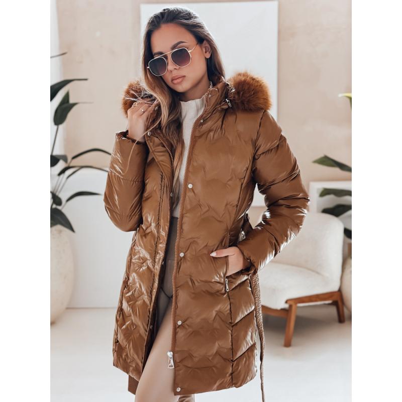 Női steppelt téli kabát CASSERIE kapucnival, kávé