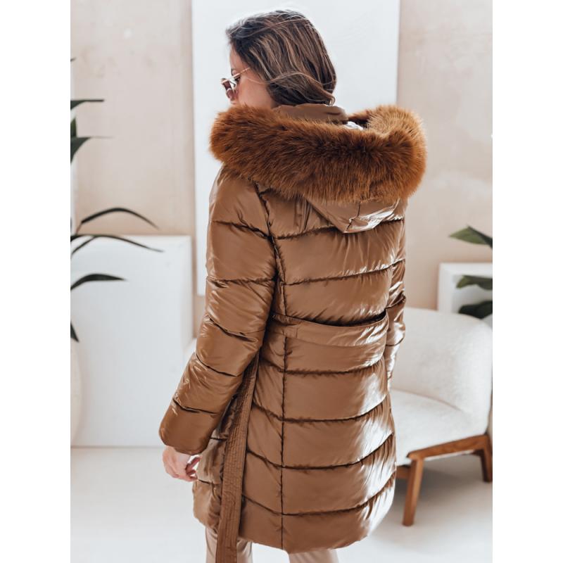 Női steppelt téli kabát CASSERIE kapucnival, kávé
