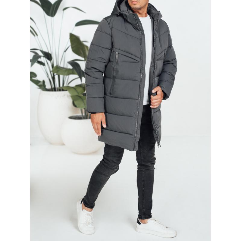 Férfi téli steppelt kabát kapucnival, sötét szürke