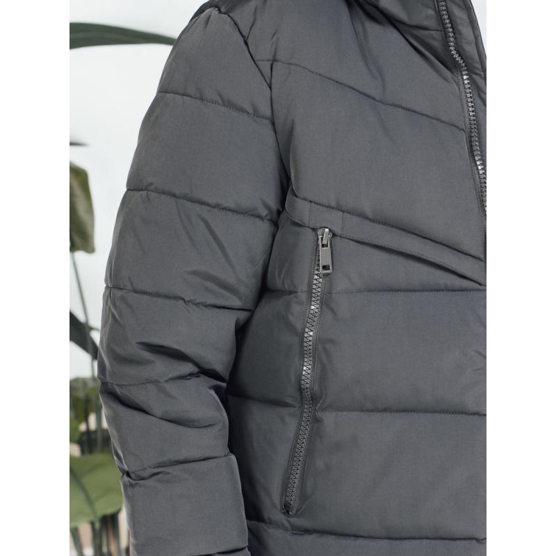 Férfi téli steppelt kabát kapucnival, sötét szürke