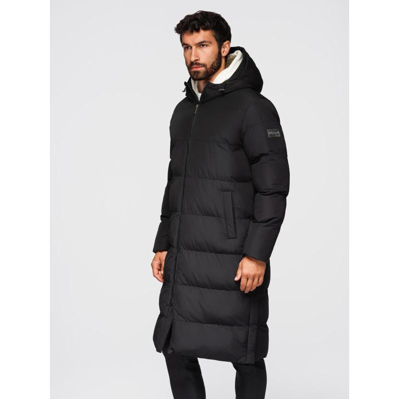 Klasická pánska dlhá bunda s kapucňou – čierna V1 OM-JALJ-0269