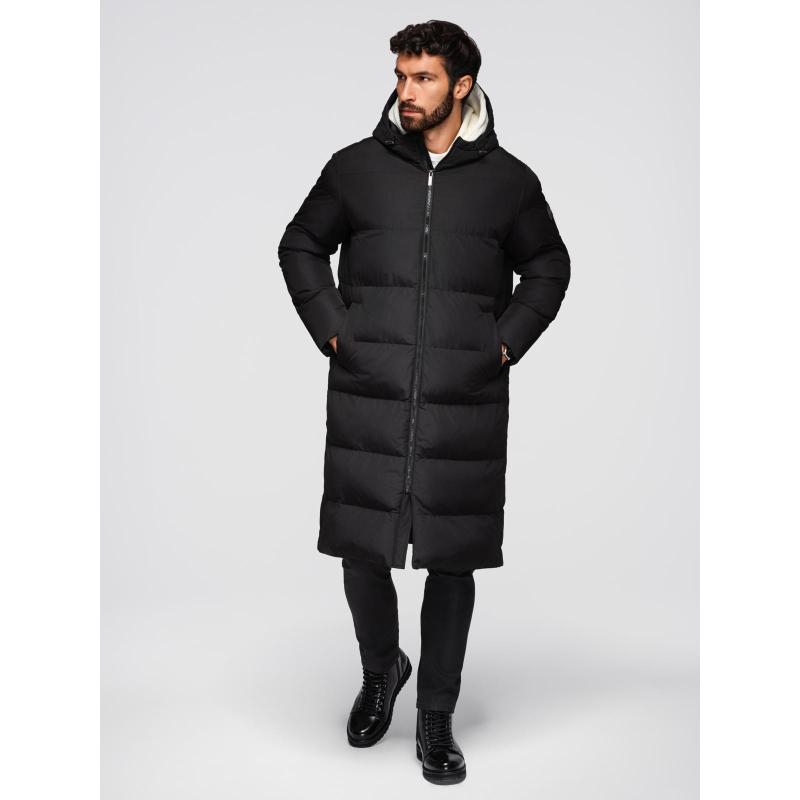 Klasická pánska dlhá bunda s kapucňou – čierna V1 OM-JALJ-0269