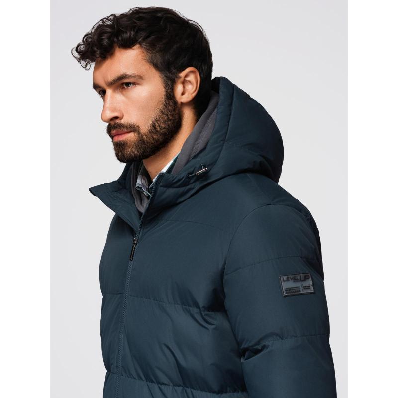 Klasszikus férfi hosszú kabát kapucnival – sötétkék V2 OM-JALJ-0269