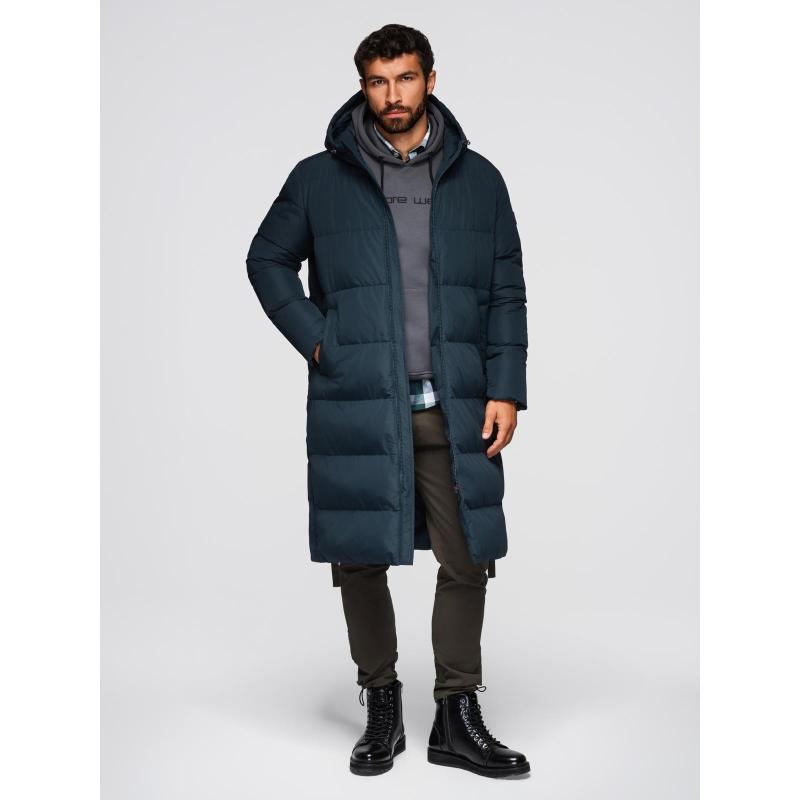 Klasszikus férfi hosszú kabát kapucnival – sötétkék V2 OM-JALJ-0269