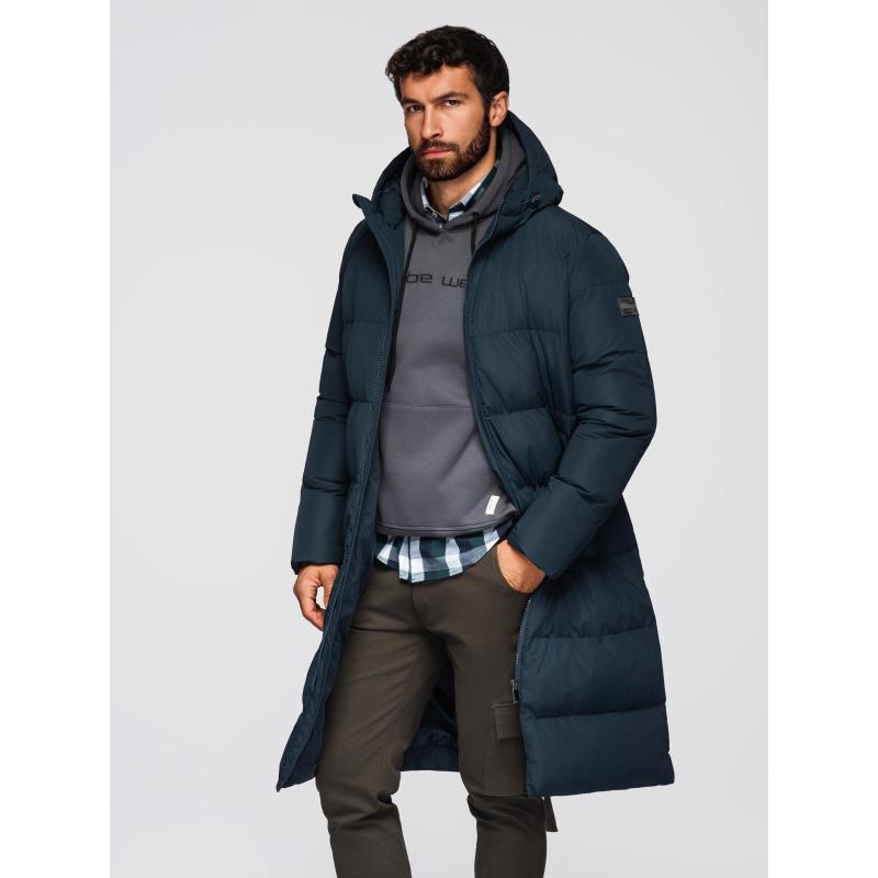 Klasszikus férfi hosszú kabát kapucnival – sötétkék V2 OM-JALJ-0269