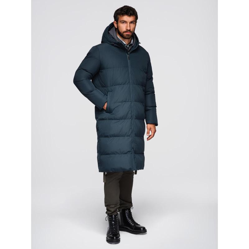 Klasszikus férfi hosszú kabát kapucnival – sötétkék V2 OM-JALJ-0269