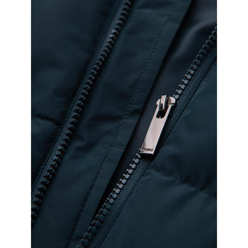 Klasszikus férfi hosszú kabát kapucnival – sötétkék V2 OM-JALJ-0269