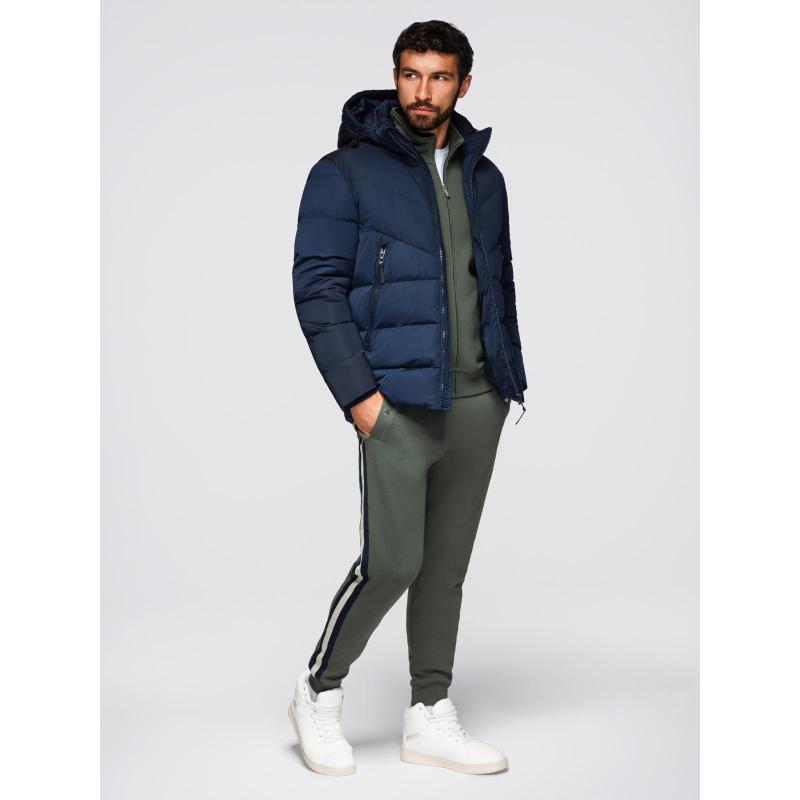 Férfi kabát aszimmetrikus steppelt mintával és kapucnival – sötétkék V4 OM-JAHP-0304