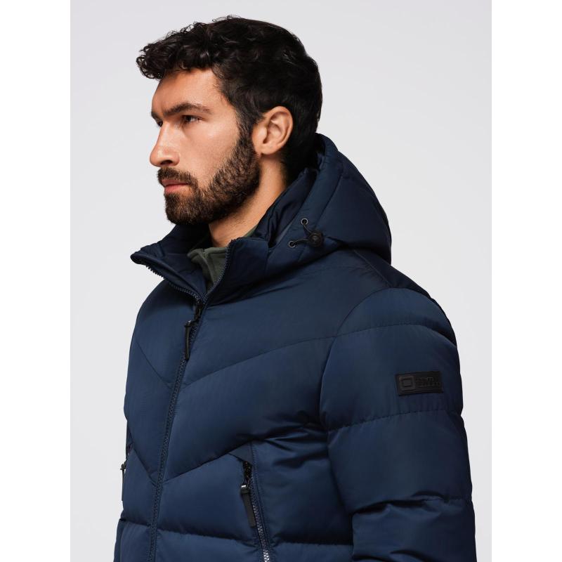 Férfi kabát aszimmetrikus steppelt mintával és kapucnival – sötétkék V4 OM-JAHP-0304