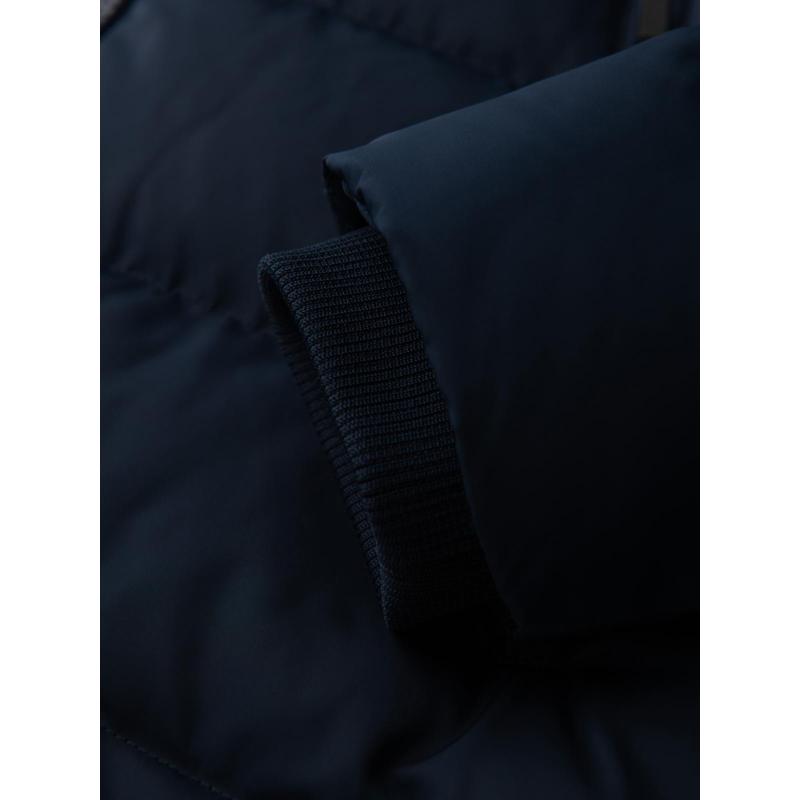 Férfi kabát aszimmetrikus steppelt mintával és kapucnival – sötétkék V4 OM-JAHP-0304