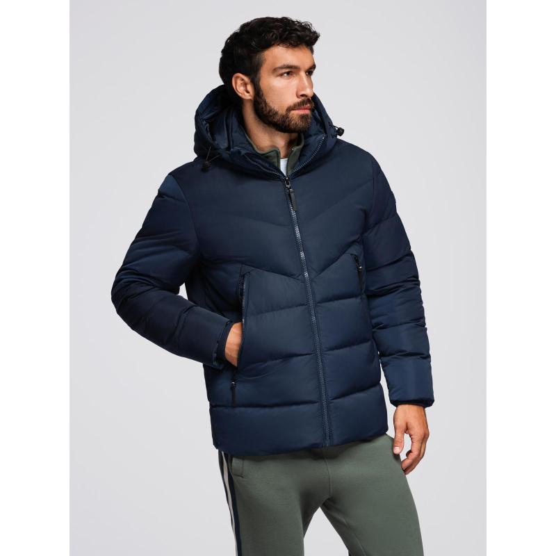 Férfi kabát aszimmetrikus steppelt mintával és kapucnival – sötétkék V4 OM-JAHP-0304