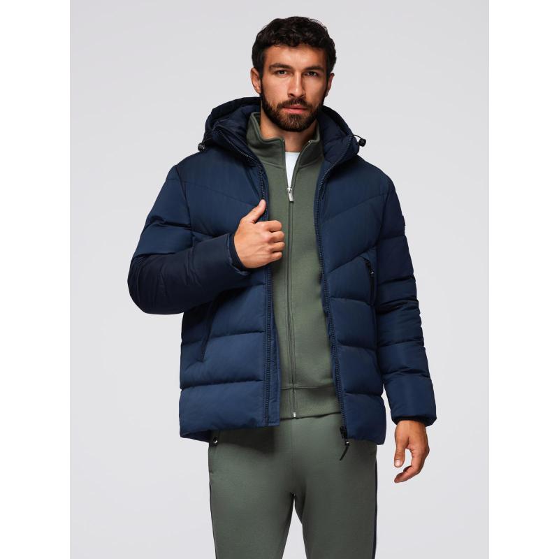 Férfi kabát aszimmetrikus steppelt mintával és kapucnival – sötétkék V4 OM-JAHP-0304