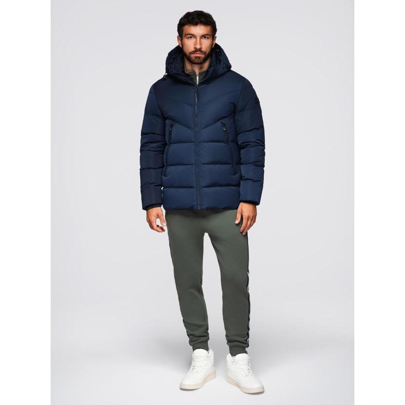 Férfi kabát aszimmetrikus steppelt mintával és kapucnival – sötétkék V4 OM-JAHP-0304