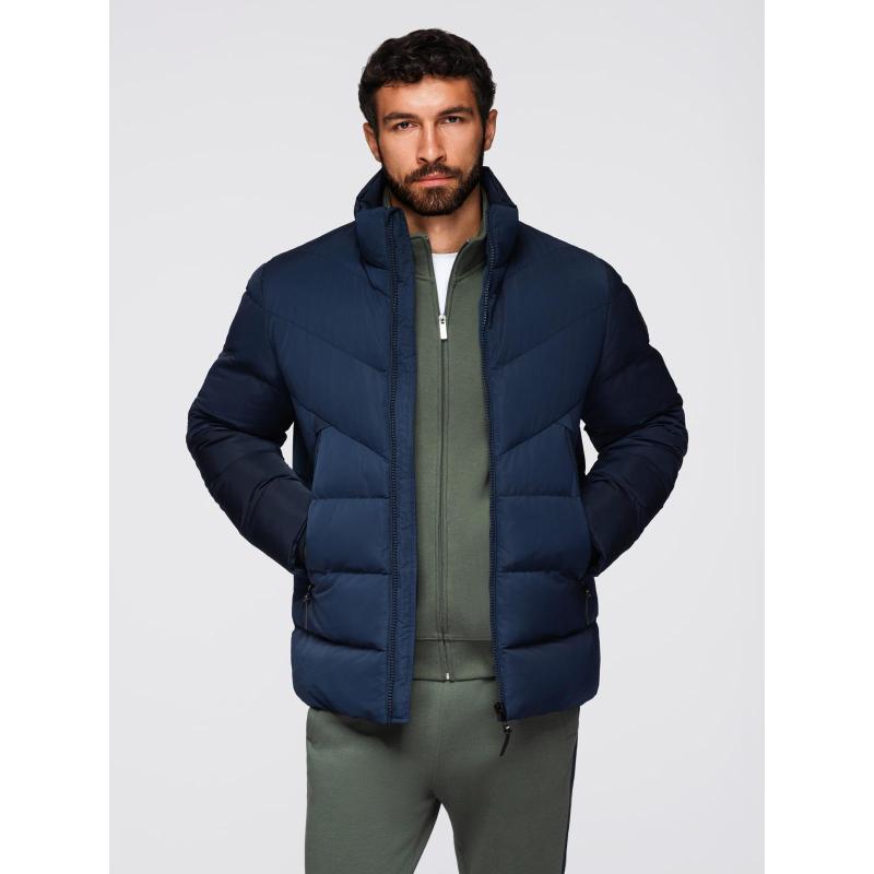 Férfi kabát aszimmetrikus steppelt mintával és kapucnival – sötétkék V4 OM-JAHP-0304