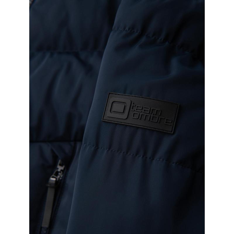 Férfi kabát aszimmetrikus steppelt mintával és kapucnival – sötétkék V4 OM-JAHP-0304