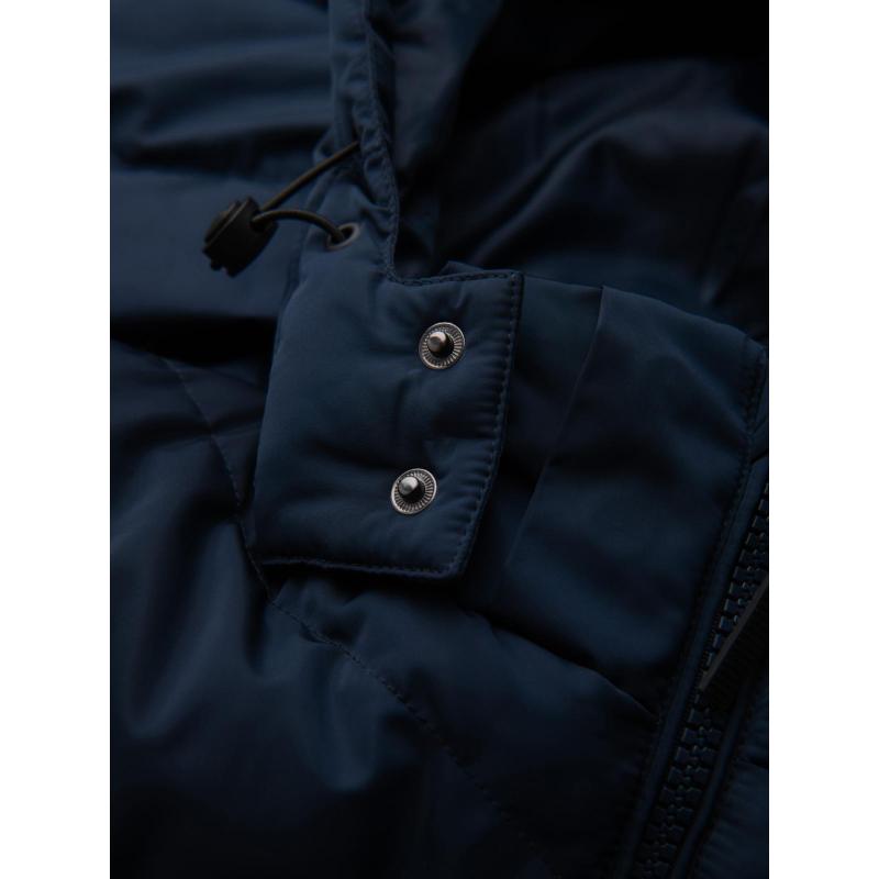 Férfi kabát aszimmetrikus steppelt mintával és kapucnival – sötétkék V4 OM-JAHP-0304