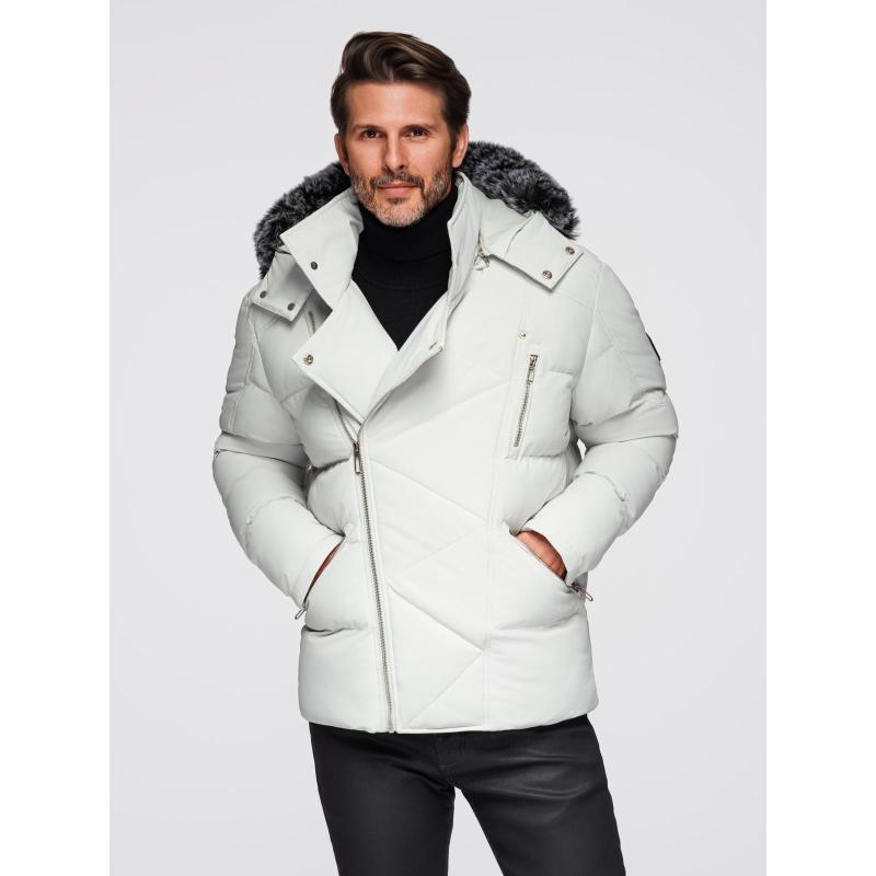 Férfi steppelt kabát vállkivágással és kapucnival – világosszürke V4 OM-JAHP-0252