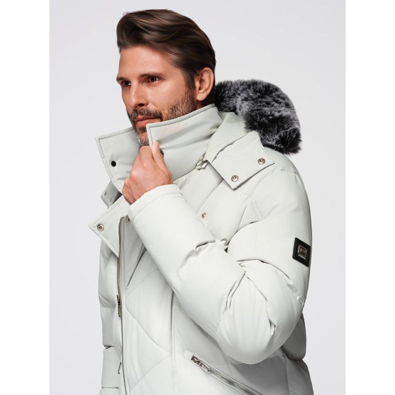 Férfi steppelt kabát vállkivágással és kapucnival – világosszürke V4 OM-JAHP-0252