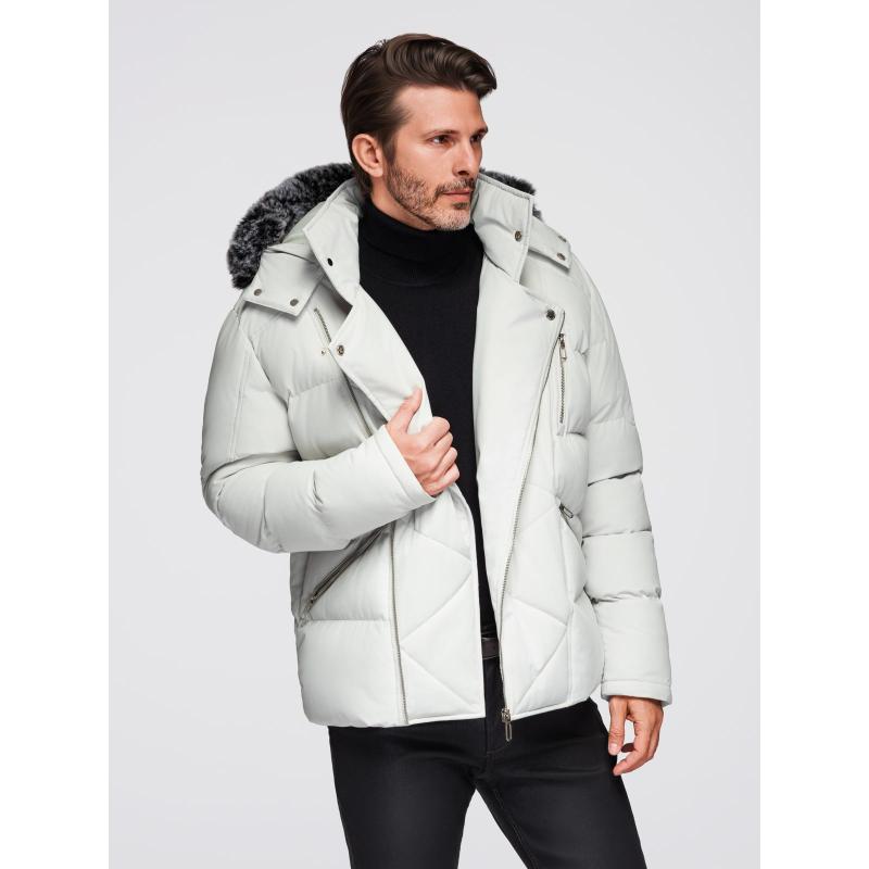 Férfi steppelt kabát vállkivágással és kapucnival – világosszürke V4 OM-JAHP-0252