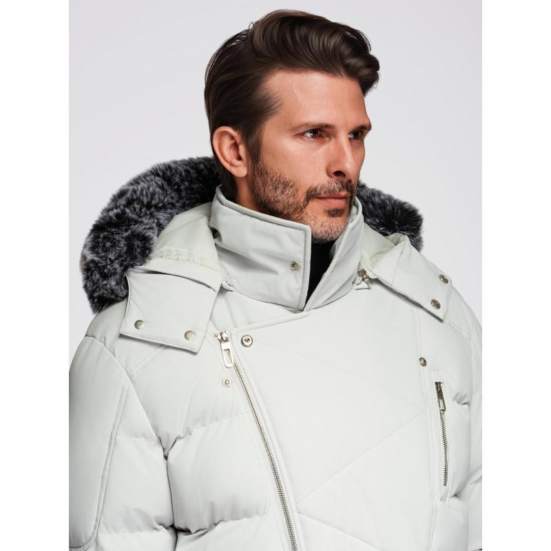 Férfi steppelt kabát vállkivágással és kapucnival – világosszürke V4 OM-JAHP-0252
